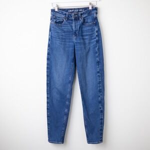 American Eagle Mom Jeans Womens 4 Long Blue Stretch High Rise Tapered Denim